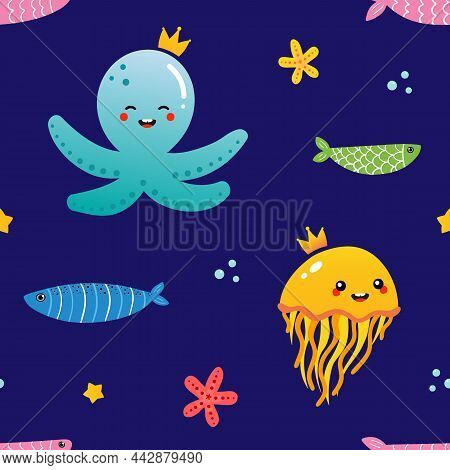 Cute Cartoon Style Colorful Cartoon Style Octopus, Jellyfish, Fish, Starfish Characters Vector Seaml