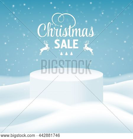 Christmas Winter Product Podium On The Background Of Drifts, Snowflakes And Snow. Realistic Product 