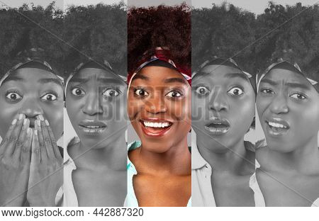 Portrait Of African American Lady Showing Diverse Emotions, Colorful Accent On Positive Face Exspres