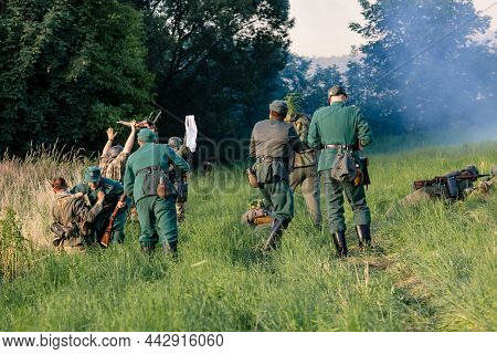 Porabka, Poland - August 07, 2021: Reconstruction Of Battle From The Second World War. German Soldie