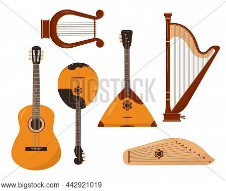 Stringed Plucked Musical Instruments Set. Guitar With Six Strings, Harp And Lyre, Balalaika, Domra A