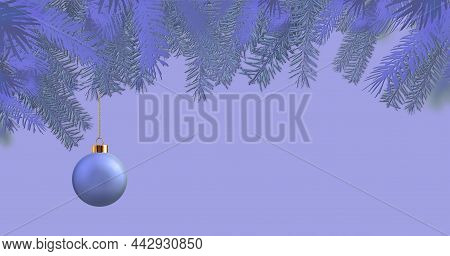 Merry Christmas And Happy New Year. 3d Christmas Ball Bauble, Xmas Tree Violet Brancehs In Very Peri
