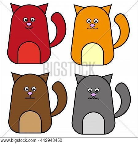 Cute Cat Icon Set. Colored Comic Animals. Emotional Face. Cartoon Style. Creative Art. Vector Illust