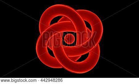 Twisted Metal Glowing Red Tubes On A Black Background Spinning Around The Small Sphere. Design. Meta