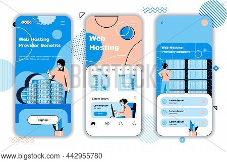 Web Hosting Concept Onboarding Screens For Mobile App Templates. Data Center Racks Hardware And Clou