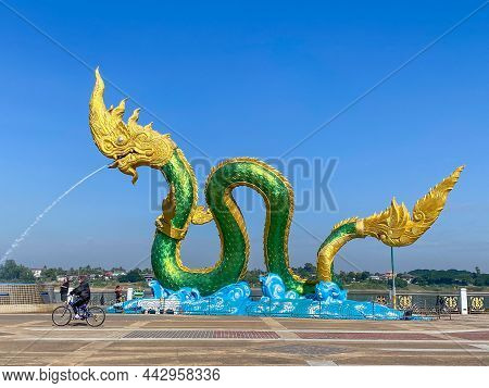 Nong Khai Thailand - 9 Dec 2021: Phayanak Or Naga King Of Snake Statue Near The Mekong River In The 
