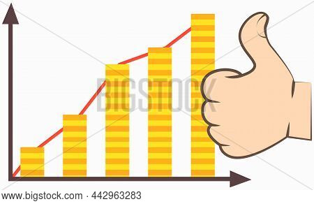 Graph Presentation With Diagram And Human Hand Showing Symbol Ok Thumb Up. Business Statistics And A