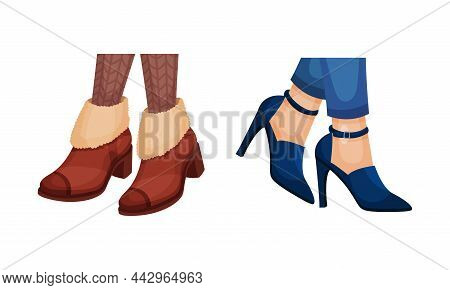Set Of Female Leegs In Trendy Shoes. Leather Boots And High Heel Shoes, Seasonal Footwear In Casual 