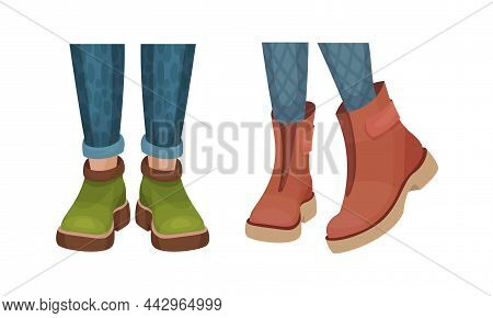 Set Of Female Leegs In Trendy Shoes. Leather Boots In Casual Style Vector Illustration