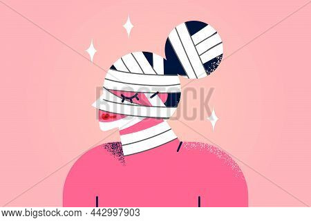 Young Woman With Head In Bandages After Cosmetic Plastic Surgery. Female Patient Or Client Of Aesthe