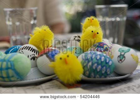 During Easter the eggs are painted and put in between the chicks