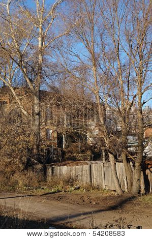 Ruined brick house behind the tall trees