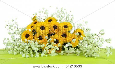 Beautiful flowers on table on white background