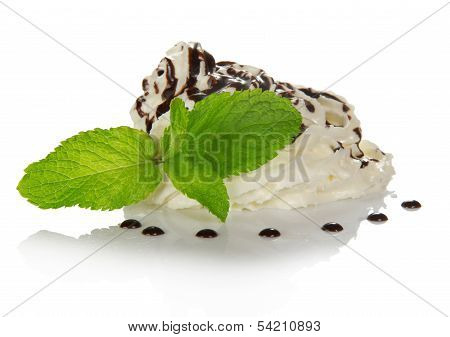 Whipped cream is decorated by spearmint