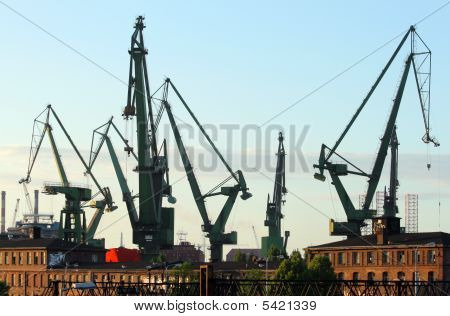 Cranes At Historical Shipyard In Gdansk, Poland