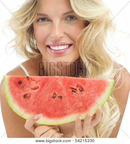 portrait of attractive  caucasian smiling woman isolated on white studio shot eating watermelon