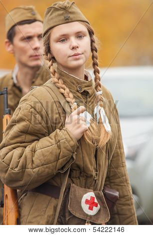 DNIPRODZERZHYNSK, UKRAINE - OCTOBER 26 :  Member of Historical reenactment in Soviet Army uniform af