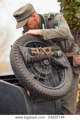 DNIPRODZERZHYNSK, UKRAINE - OCTOBER 26 : Member Historical reenactment in Nazi Germany uniform on Oc