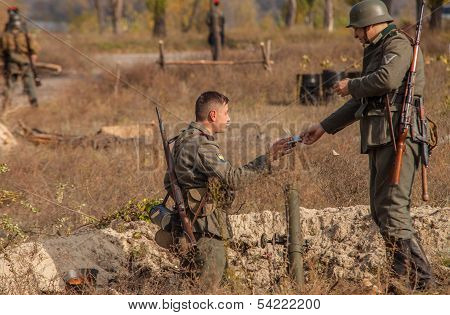 DNIPRODZERZHYNSK, UKRAINE - OCTOBER 26 : Member Historical reenactment in Nazi Germany uniform on Oc