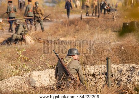 DNIPRODZERZHYNSK, UKRAINE - OCTOBER 26 : Member Historical reenactment in Nazi Germany uniform on Oc