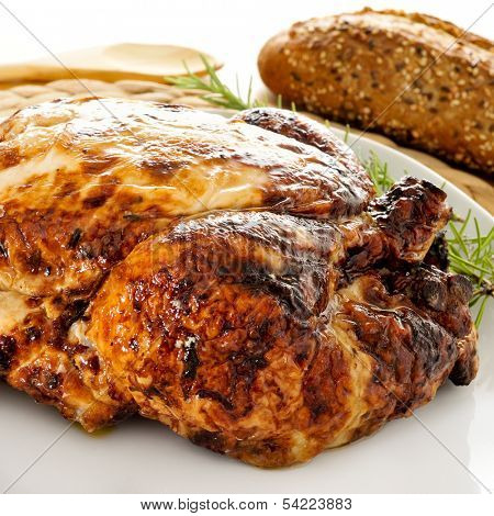 closeup of a roast turkey, served on a table