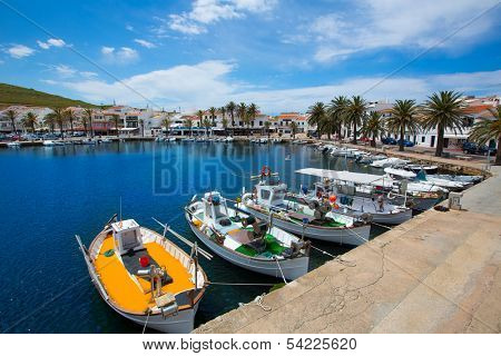 Fornells Port in Menorca marina boats Balearic islands of Spain