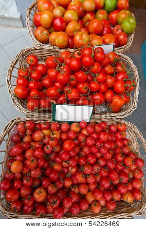 Mediterranean tomatoes in Balearic Islands market outdoor
