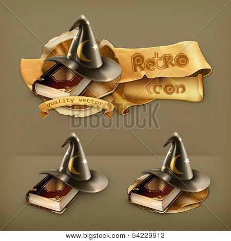Wizard hat and old book vector icon