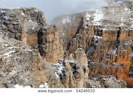 Winter alpine landscape in  the Dolomites, Sella Group, Italy, Europe