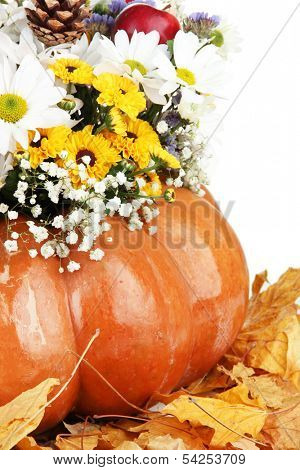 Beautiful autumn composition in pumpkin with yellow leaves close up