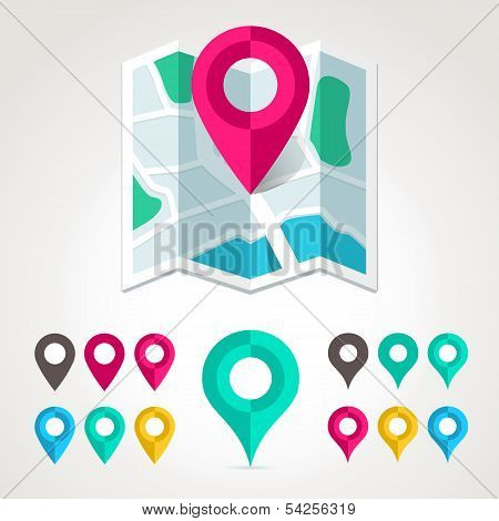 Map Markers And Flat Map Icon
