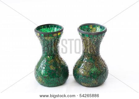 Two Mosaic Green Vases