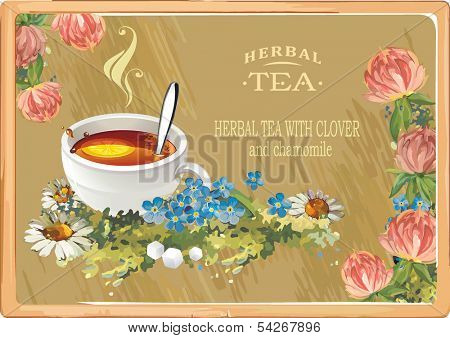Romantic Vintage vector illustration tea time card with clover and tea cup