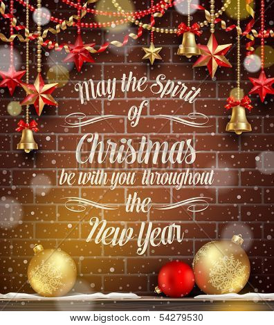 Christmas vector illustration - Holidays decor, baubles and greeting against a brick wall
