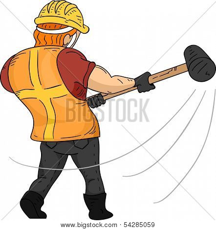 Back View Illustration of a Muscular Construction Worker Swinging a Sledgehammer