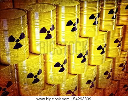 background of 3d yellow barel and radioactive sign