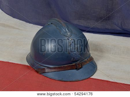 French Ww 1 Helmet On The Antique French Flag