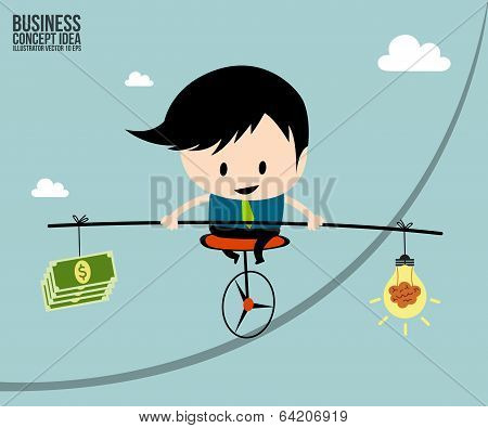 Businessman balance is brain in money on one wheel bicycle