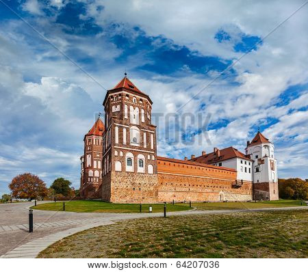 Travel belarus background - Medieval Mir castle famous landmark in town Mir, Belarus