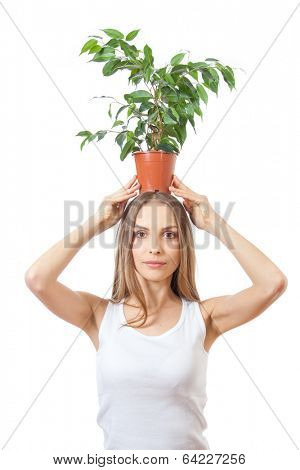 Smiling woman hold houseplant pipal, isolated on white background.