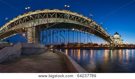 Panorama Of Christ The Saviour Cathedral And Patriarshy Bridge In The Evening, Moscow, Russia