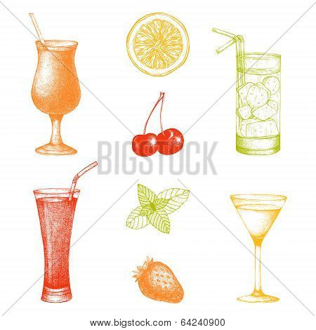 Vector set of hand drawn summer cocktails
