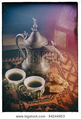 Arabic coffee cups in traditional setting- Old picture look
