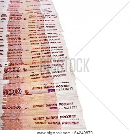 Border from 5000th rubles Bank of the Russian Federation, surface top view isolated on white background