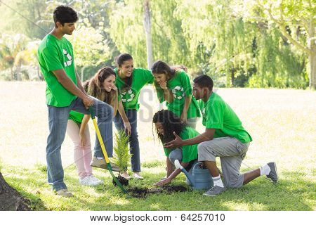 Group of young environmentalists planting in park