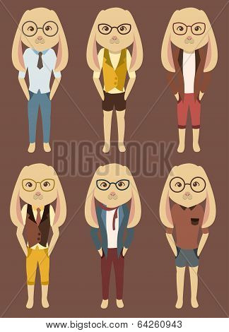 Cartoon set of cute rabbits in hipster style clothes