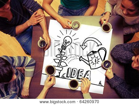 Composite image of idea and innovation graphic on page with people sitting around table drinking coffee