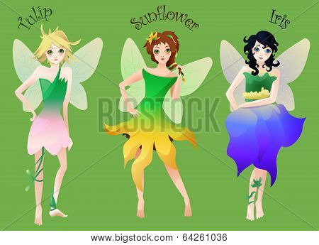 Set of cute little fairies in flower dresses isolated on green