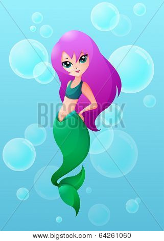 Cartoon illustration of cute little mermaid in sea
