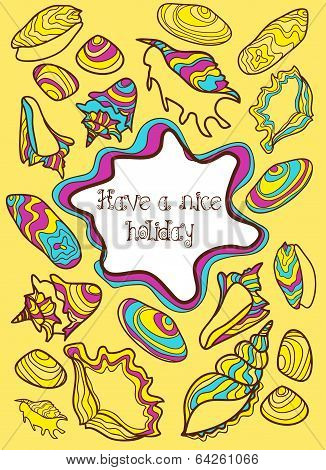 Colorful hand drawn postcard with seashells
